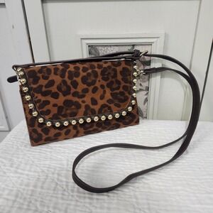 Big Buddha Suede Leopard Print Studded Crossbody Bag Small Clutch Brown